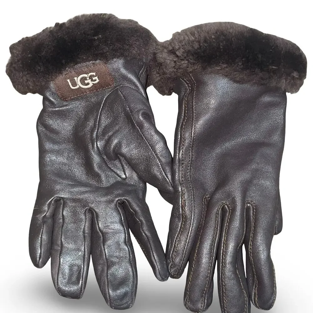UGG Womens Brown Leather Gloves Size Small S Wool Cashmere Lined Winter Luxury